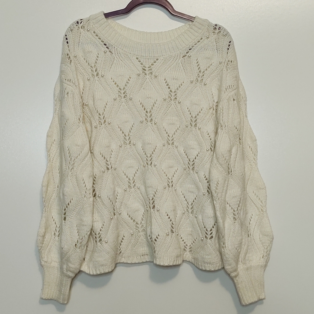Spring + Mercer ivory & pearl knit puff sleeve pullover sweater
